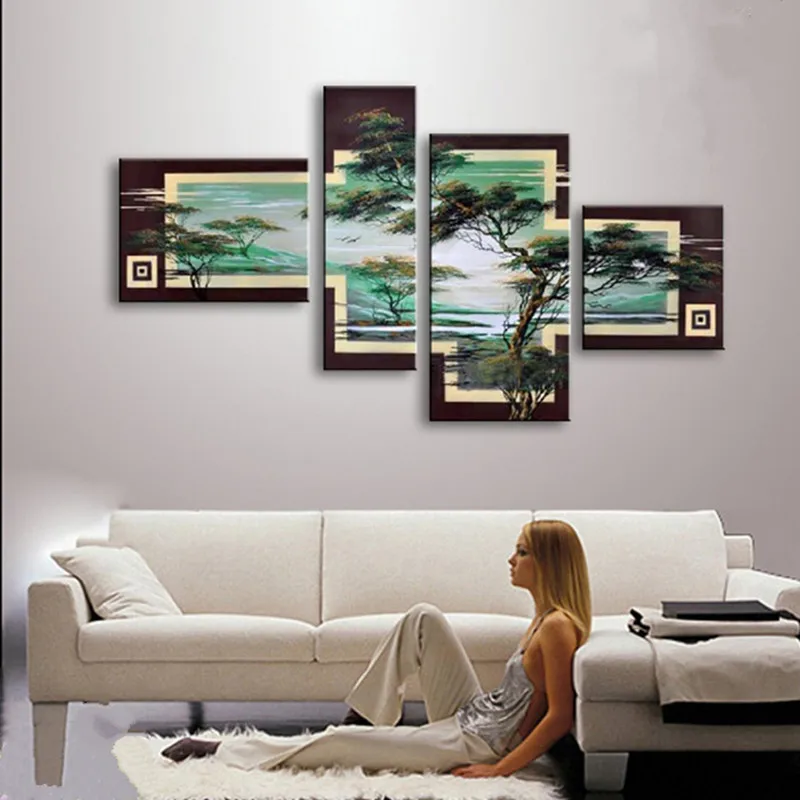 

Handpainted Abstract Trees Landscape Oil Paintings Large 4 Panel Pictures Modern Home Decor Wall Art Green Painting on Canvas
