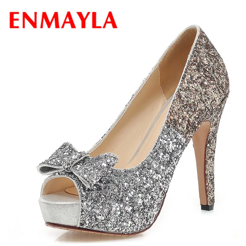 

ENMAYLA New Spring Women Sexy Sequined Peep Toe Pumps Glitter High Heels Shoes Woman Gold Two Styles Bowtie Ladies Shoes