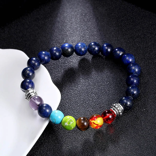 Black Lava Stone 7 Chakra Bracelets, 8mm Yinyang Rock Bead Elastic Natural Gemstones Oil Diffuser Yoga Menditation Beads Bracelets for Men Women