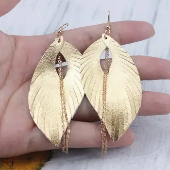 

ZWPON Link Chain Tassel Hypoallergenic Tan Leather Feather Earrings for Women Fringed Leaf Earrings Jewelry Wholesale