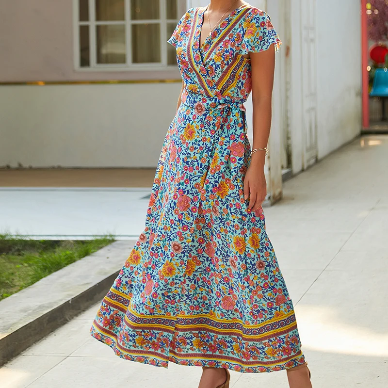

Indie Folk 2019 New Summer Dress Women Sexy Printed Bow Holiday Beach Dress V-Neck Short Sleeve Female Dress Elegant Party M0511
