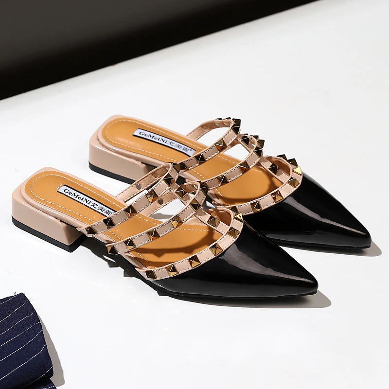 

2019 Women 3cm High Heels Stripper Summer Pointed Toe Sandals Lady Low Heels Chunky Pink Rivets Studded Slipony Shoes XZT-4