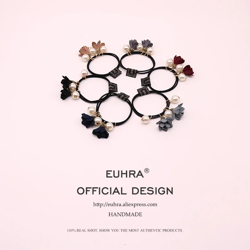 

EUHRA 6 Colors Striped Elastic Flower Pearl Gold Pendant Hair Bulb For Women Hair Band Kid Children Rubber Band New Design