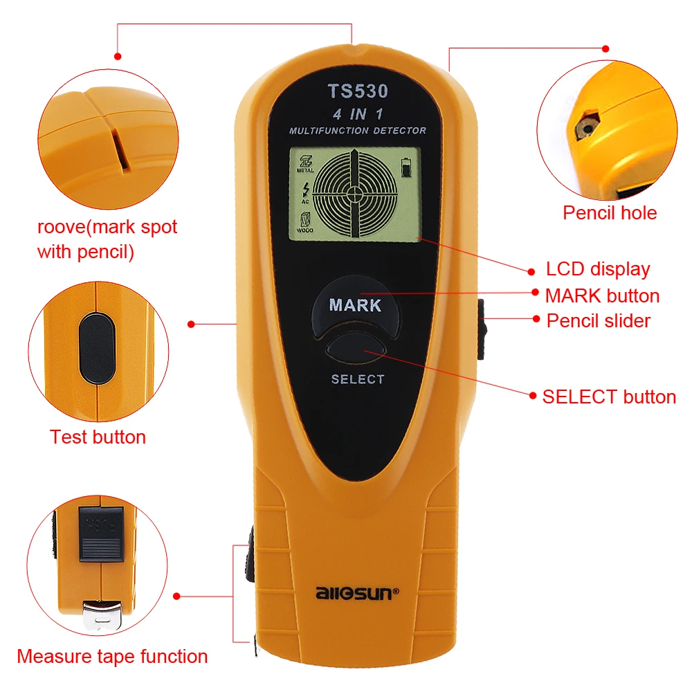 TS530 4 in 1 Super Digital Multifunction Metal Detector AC Voltage Detector with Indicate Light and 2m Tape Measure Inside