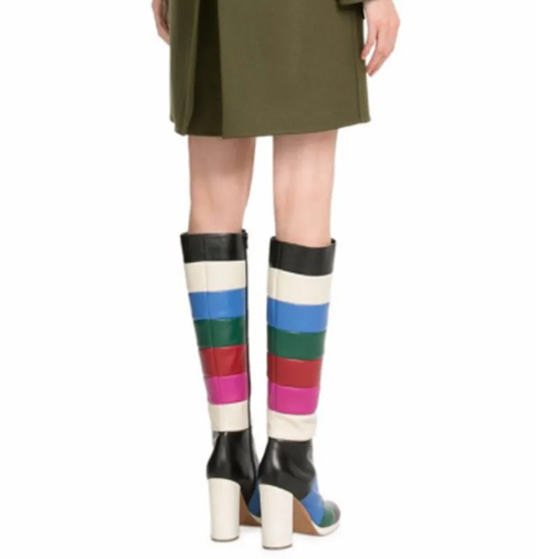 Pointu Coloré Mode Mélangées Picture Chunky Chaussures Latérale Femmes Mujer Genou Rond Bout Botas Bottes Haute Talons As Couleurs Hauts Glissière rr8HP0