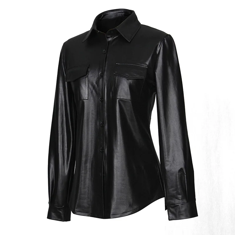 Kostlich Sexy Pu Leather Long Sleeve Blouse Women Shirts Fashion Spring Autumn Women Tops Black Red Ladies Blouses Casual Shirt (25)