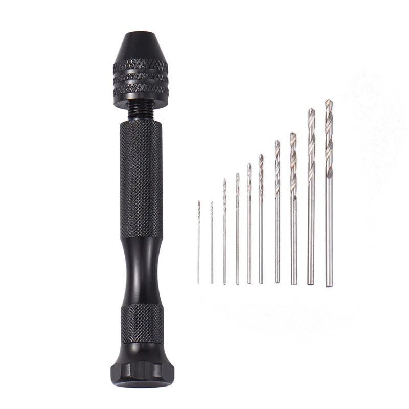 

Mini Manual Aluminum Hand Drill With Keyless Chuck +10pcs Twist Micro Drill Bit Woodworking Drilling Rotary Tools