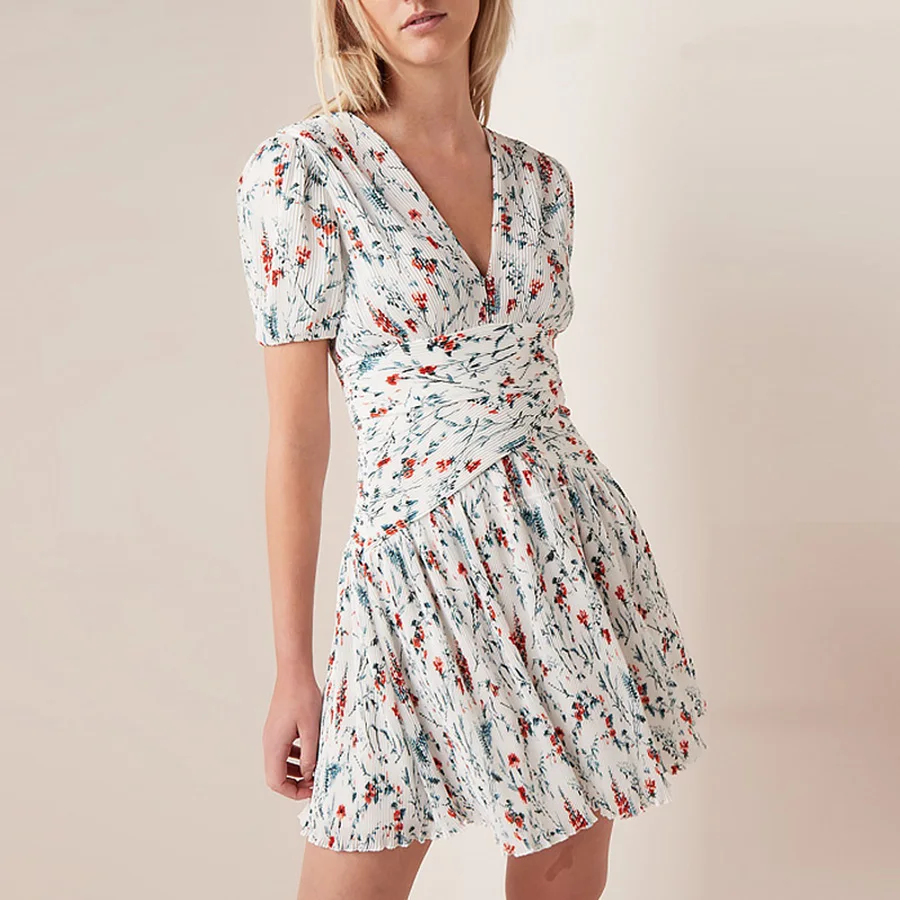 

2019 Summer New Design Floral Print Women Dress V-neck Draped Slim Elegant Pleated Dress High Quality Waist Cross Mini Dress