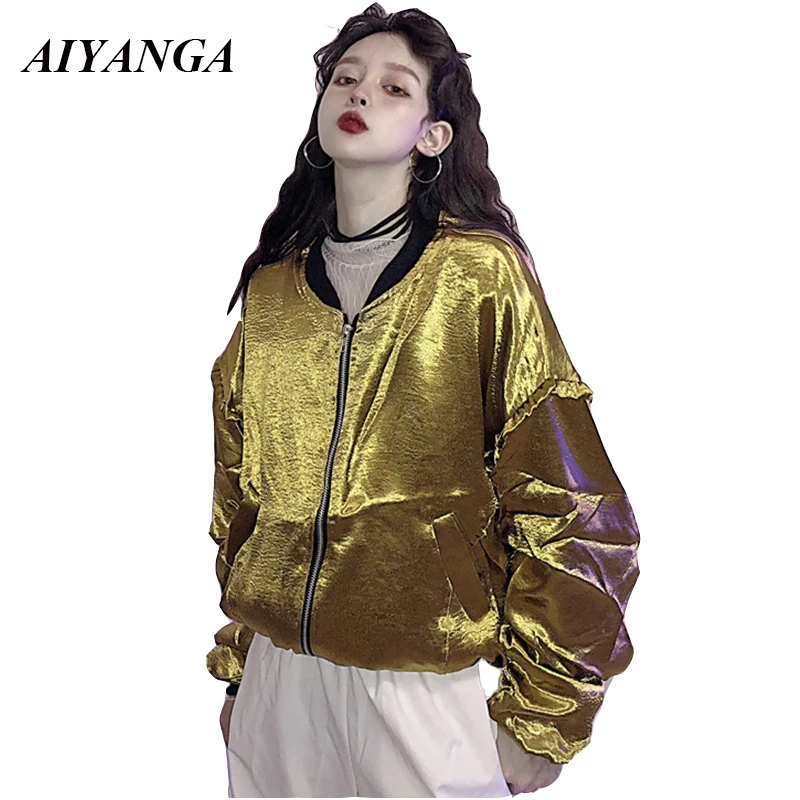 2018 Personality Gold Jackets Women Autumn Outerwear With Zipper Solid Color Loose Jackets