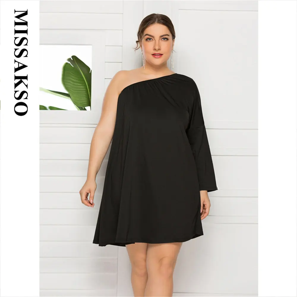 

Missakso Slash Spring Dresses Casual Women A Line Black Solid One Shoulder Solid Brief Pure Sleeveless Mini Pretty Plus Size