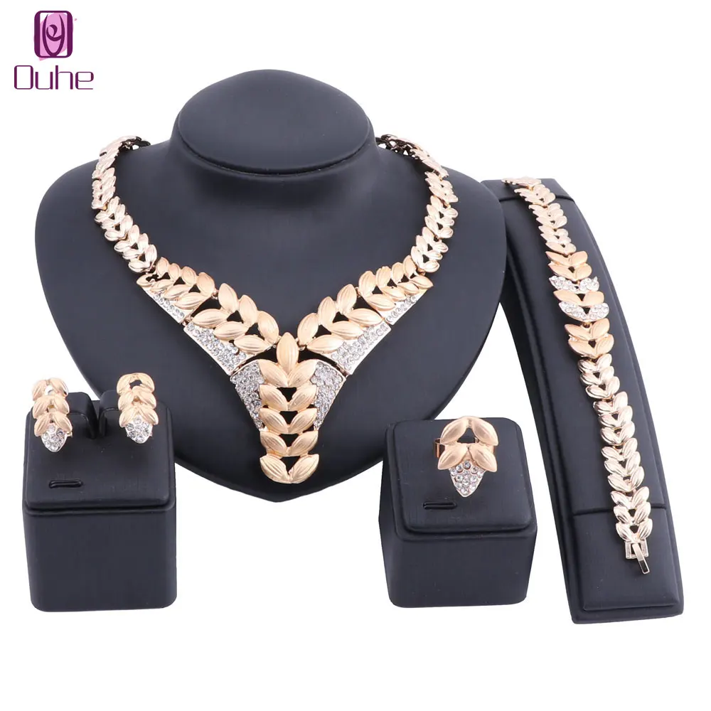 

Fashion Dubai Gold Color Crystal Jewelry Set Brand Statement Necklace Earring Bangle Ring Nigerian Wedding Woman Accessories Set
