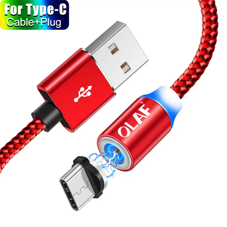 OLAF 1M& 2M светодиодный магнитный кабель и кабель Micro USB и кабель usb type C с нейлоновой оплеткой type-C Магнитный зарядный кабель для iPhone Xs Max - Цвет: For Type-C Red