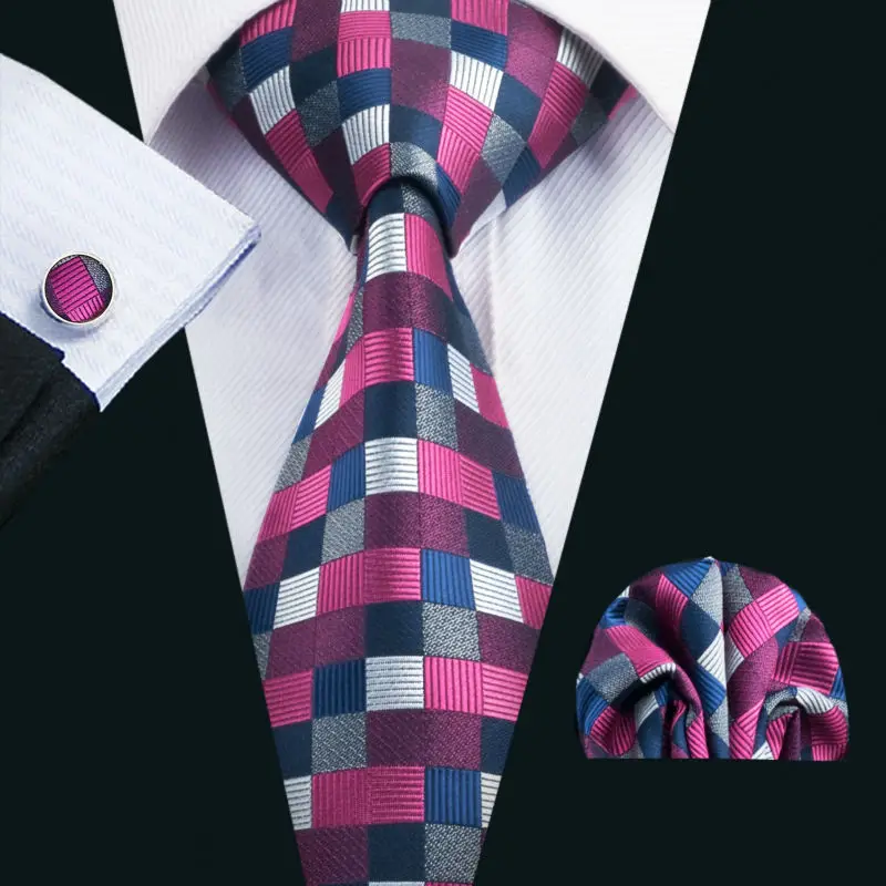 LS-1409 Barry. Wang Классический мужской галстук в клетку шелковый галстук носовой платок Запонки Наборы для мужчин Свадебная вечеринка жених бизнес