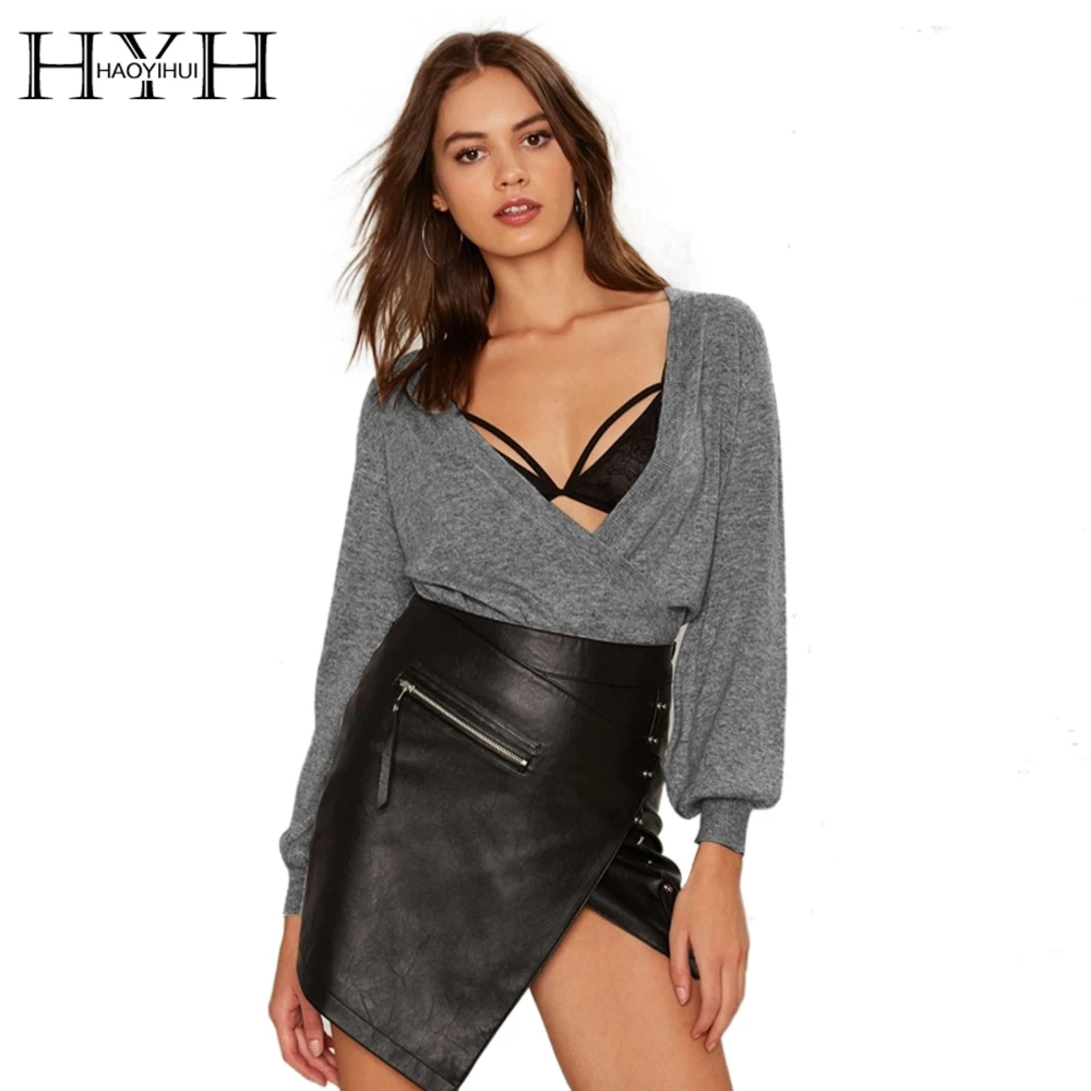 

HYH HAOYIHUI Solid Gray Women Sweaters Deep V-Neck Long Lantern Sleeve Casual Tops Streetwear Sweet Brief Slim Sweaters