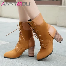 ANNYMOLI Women Shoes Winter Ankle Boots Lace Up Thick High Heel Short Boots Fashion Pointed Toe Shoes Ladies Fall Plus Size 3-12 ladies sexy pointed toe blue denim lace up short boots super high heel jean ankle booties street fashion boots