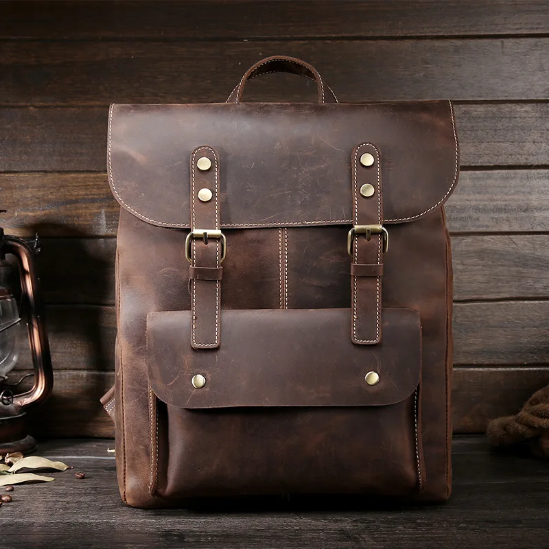 Men's Natural Cowhide School Bag Satchel Vintage Crazy Horse Leather Shoulder Backpack