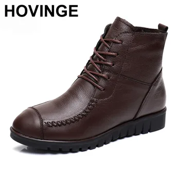 

HOVINGE Winter Women Shoes Woman Genuine Leather Flat Snow Boots Lace-up Casual Ankle Boots Women Boots