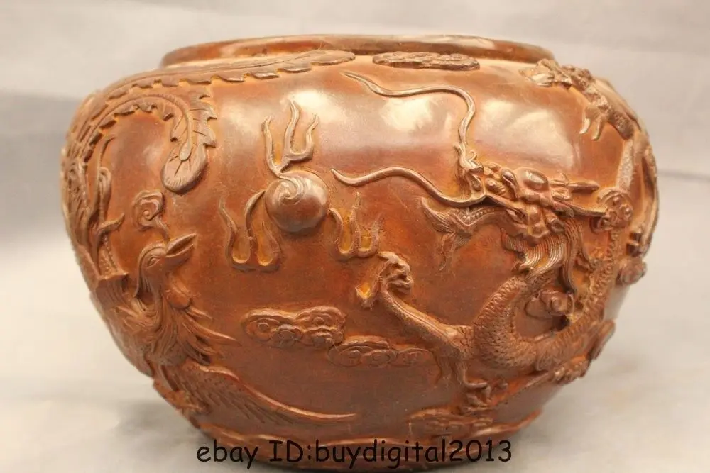 

DS 7"Marked Chinese Folk Old Bronze Dragon Phoenix Play Bead Pot Jug jar Vase