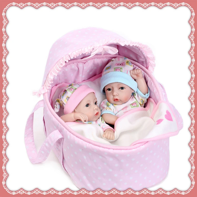 

28cm Full Silicone Vinyl Reborn Baby Different gender Cradle Twins Doll Lifelike Reborn Baby Soft Real Touch Baby Dolls