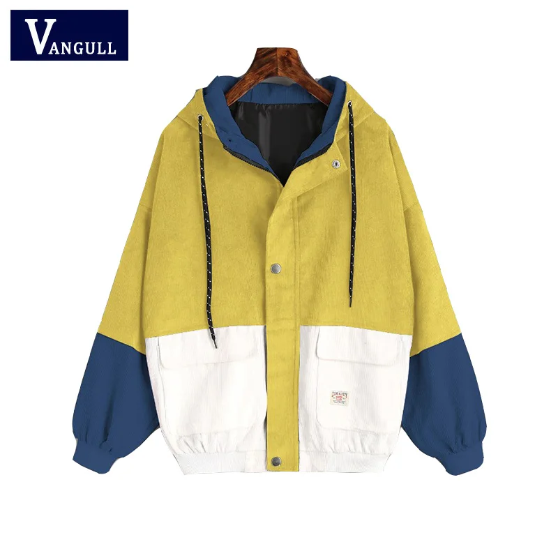 New  Winter Warm Color Block Hooded Corduroy Jacket Drawstring Hit Color Patched Pocket Thick Basic Wome