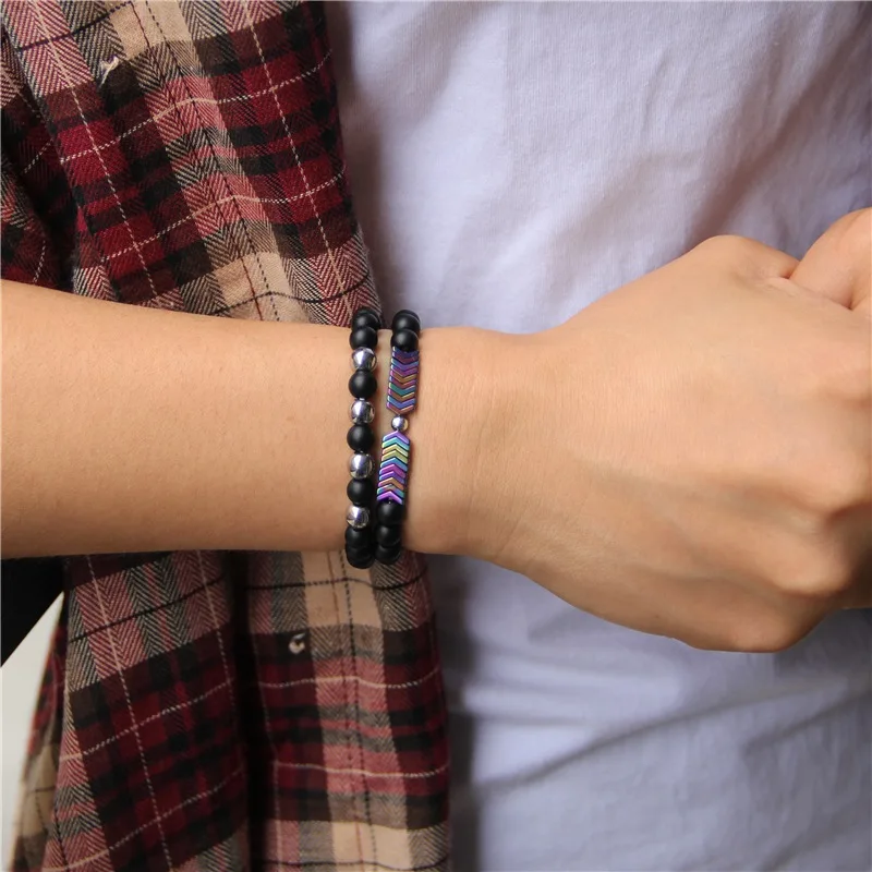 2 Pieces Lover Bracelets Hematite Round Bead Matte Black Onyx Agates Rainbow Arrow Couples Bangle For Woman Man Bracelet Jewelry | Украшения
