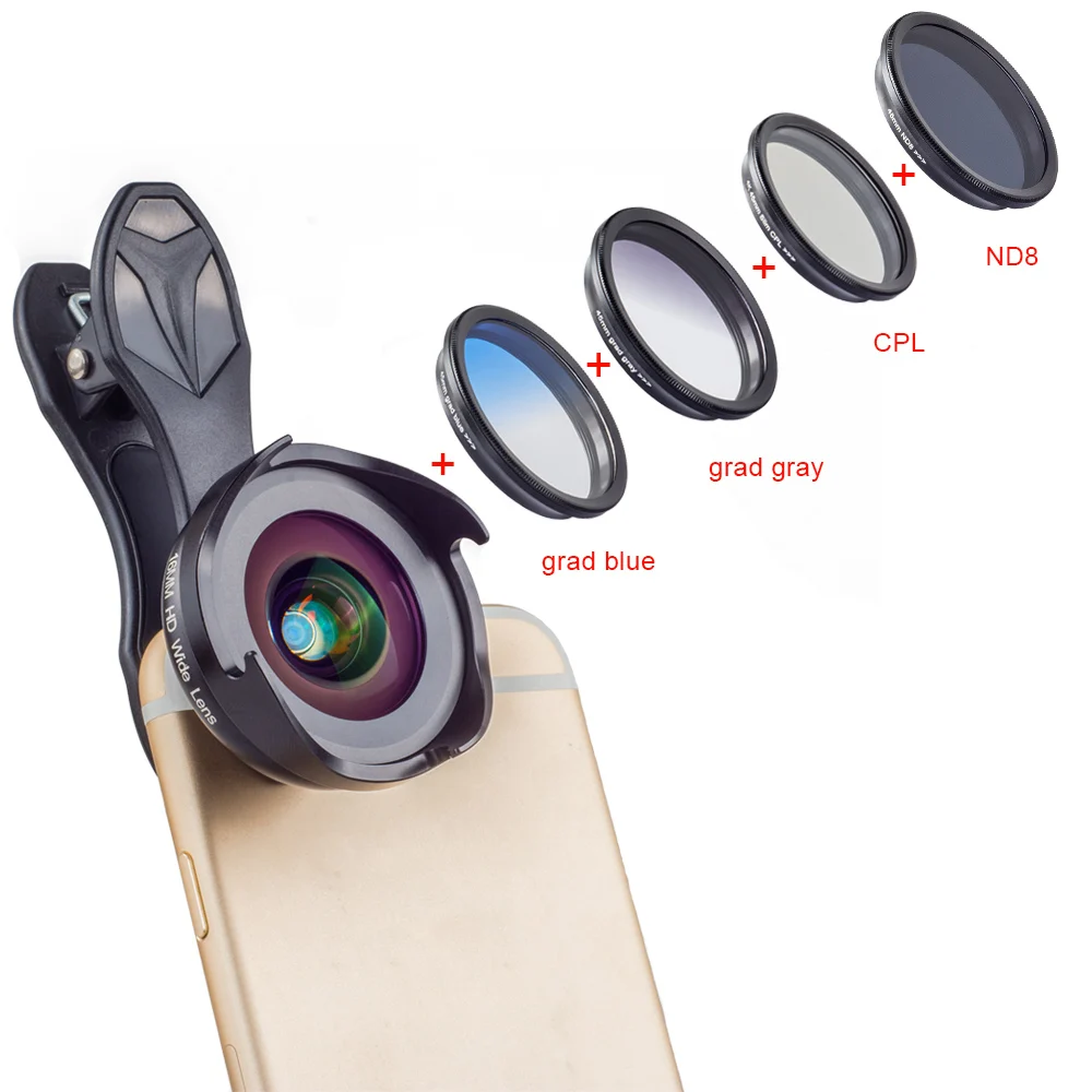 

APEXEL HD professional Phone camera lenses kit with grad filter CPL ND filter wide angle macro Lens For iPhone 7 8 X Smartphone