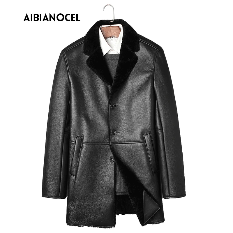 

AIBIANOCEL Winter Sheep Fur Coat Men Shearling Coat Men's Leather Jacket Wool Liner Middle Long Style Leather Coats Men