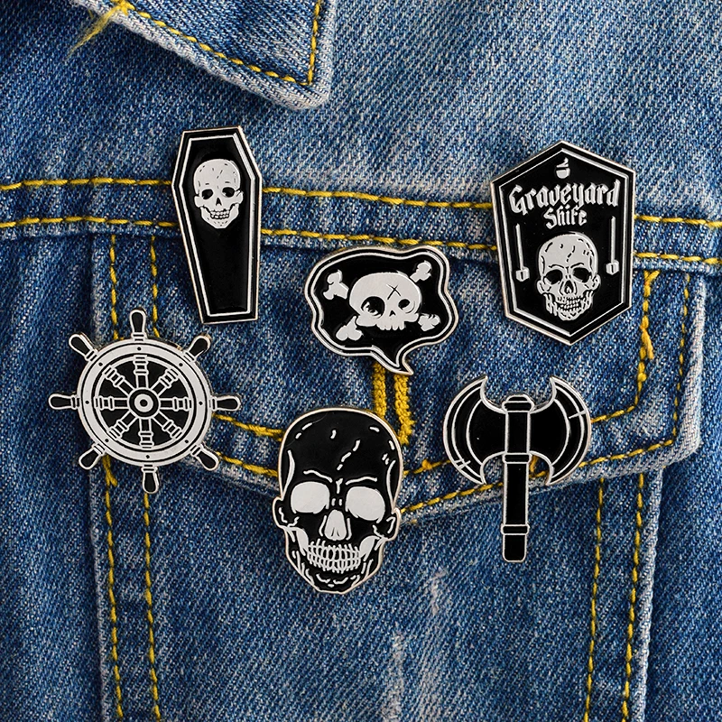 

6pcs/set Pirate Pins set Skeleton Skull Ax Rudder Coffin Brooches Denim jacket Shirt Collar Lapel Pin Buckle Badge Punk Jewery