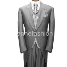 Изготовленный На Заказ Серый утренний пиджак Свадебные смокинги для жениха строгий мужской костюм для bestman Длинные смокинги по индивидуальному заказу(куртка+ брюки+ жилет+ галстук