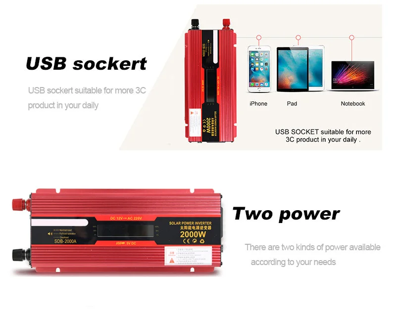 Автомобильный инвертор 12 В 220 в 2000 Вт USB зарядное устройство светодиодный дисплей Авто инверторы конвертер переходник для солнечных батарей для дома автомобили электронные