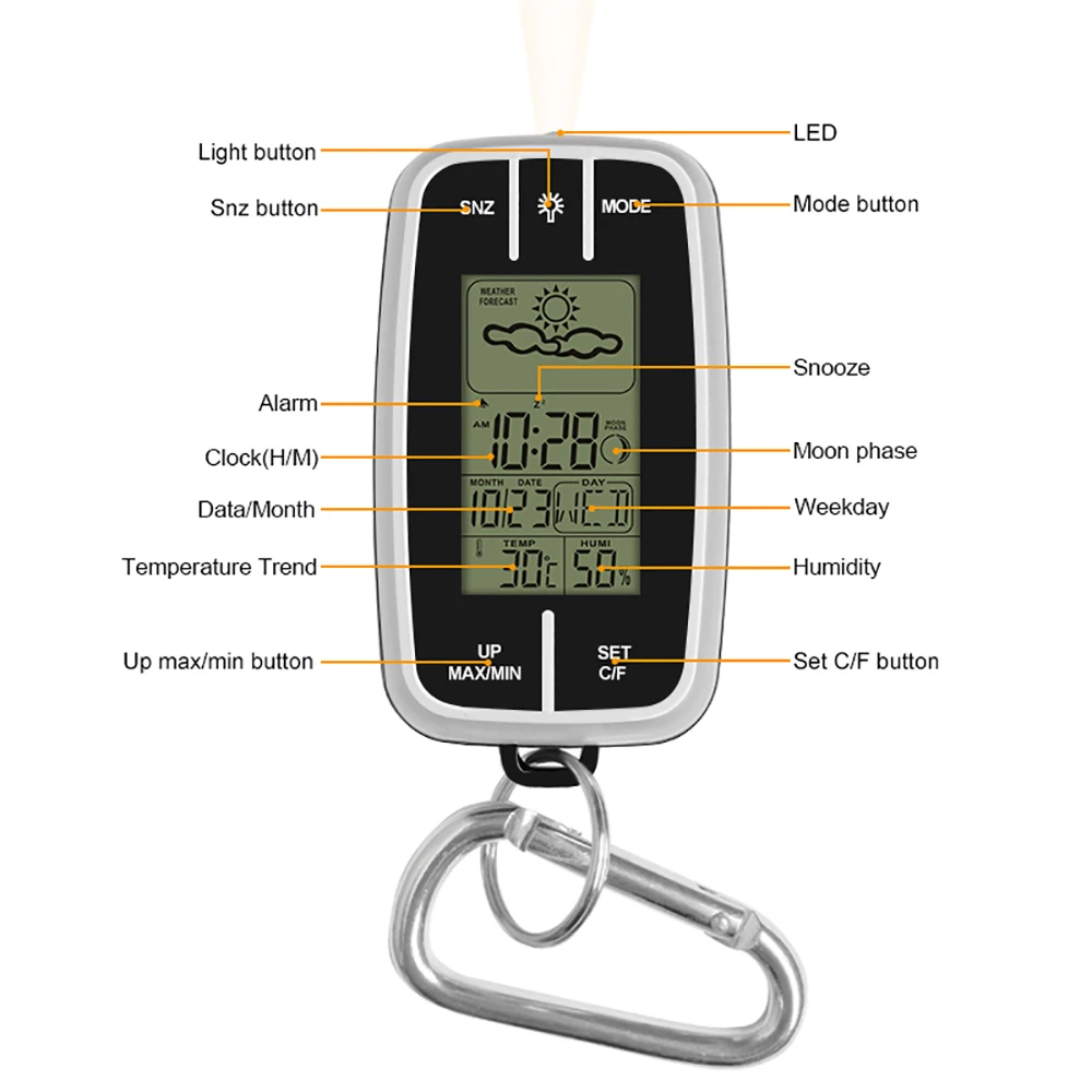 Portable Weather Station Forecast Temperature Humidity Clock W Flashlight& Compass Thermometer Pocket Outdoor EDC Tool