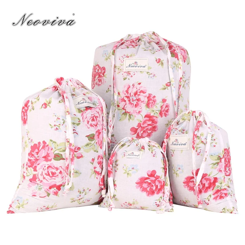 

Neoviva Cotton Laundry Bag with Drawstring Closure, Pack of 4 in Different Sizes, Floral Lollipop Red Storage Travel Pouch Bags