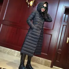 Зимняя верхняя одежда, сверхтонкое длинное белое пуховое пальто выше колена, Женская куртка, черная двойная плиссированная W15040800