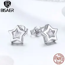 BISAER,, 925 пробы, серебряные, ослепительные, CZ, звезда, тайна, маленькие серьги-гвоздики для женщин, модные серьги,, ювелирное изделие, ECE437