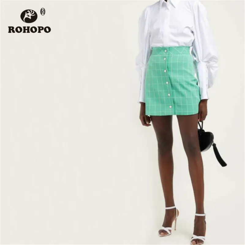 

ROHOPO Autumn women Flared Hem Plaid Skirt Buttons Fly High Waist Office Laies Green Chic Above Knee Falda #6230