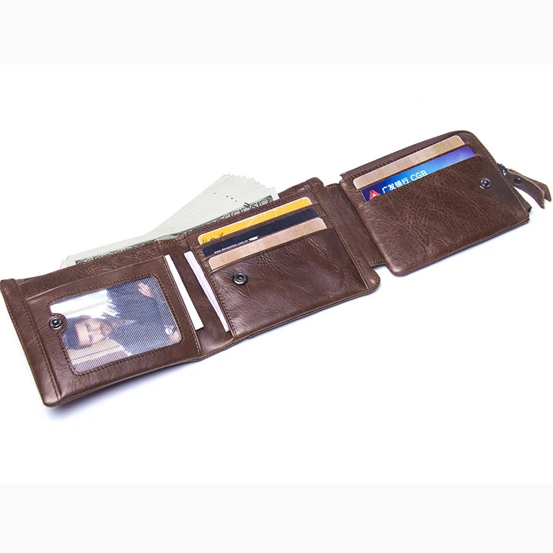 CONTACT'S Genuine Crazy Horse Leather Men Wallets Vintage Trifold Wallet Zip Coin Pocket Purse Cowh