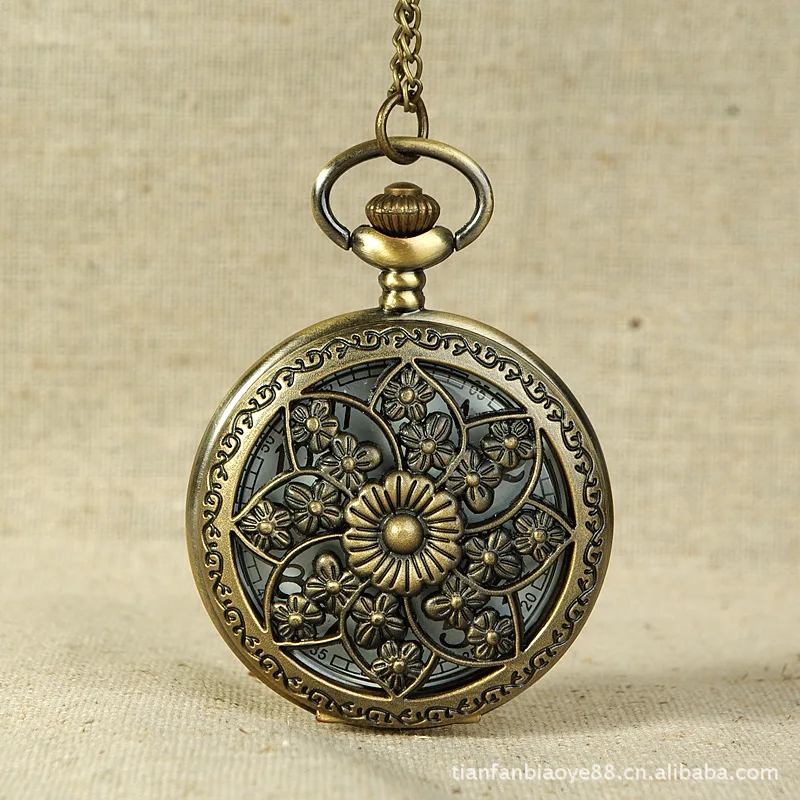 

Lotus pattern Vintage Charm Flower Perspective Fancy Watch Bronze Design Hollow Cover Classic Quartz Casual Unisex Pocket Watch