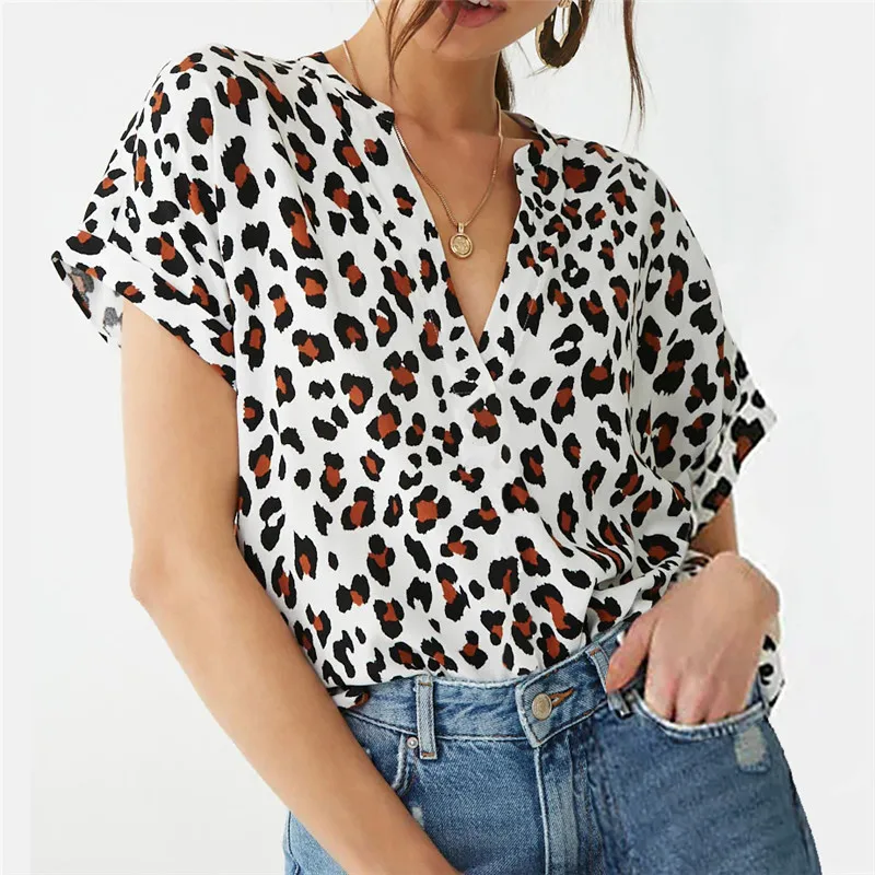 Летняя шифоновая блуза Для женщин короткий рукав с регулирующей пряжкой блуза леопардовой расцветки с принтом, повседнедневые, свободные топы туника плюс Размеры сорочка