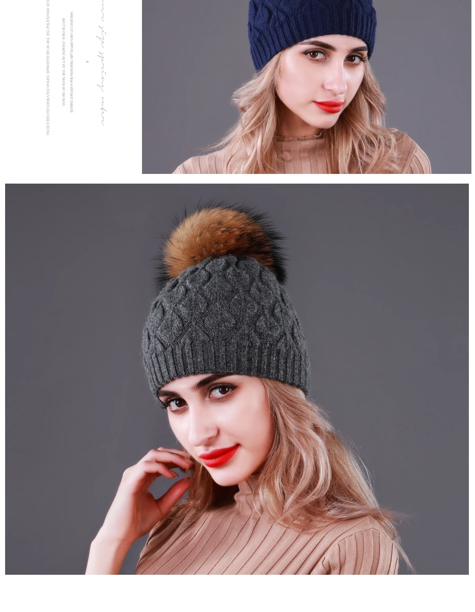 CNTANG Double layer Thick Wool Knitted Hats For Women Natural Raccoon Fur With Pompom Caps Winter Warm Ladies Fashion Beanies