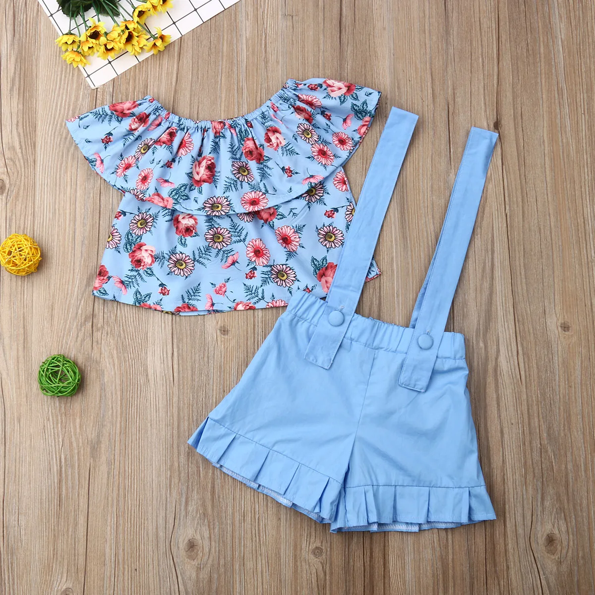 

Pudcoco Summer Toddler Baby Girl Clothes Off Shoulder Ruffle Flower Print Tops Overalls Strap Short Pants 2Pcs Outfits Clothes