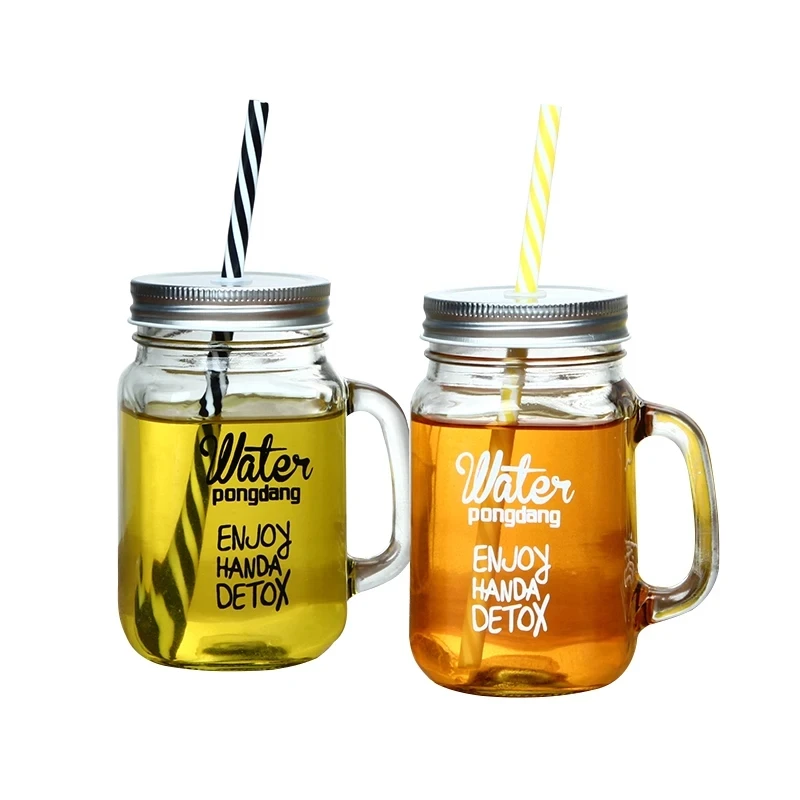 

500ml Transparent Mason Jar With Lid Straw Hot Water Cool Drink Beer Glass Bottle Coffee Mug With Handle Lemon Party favor Bar