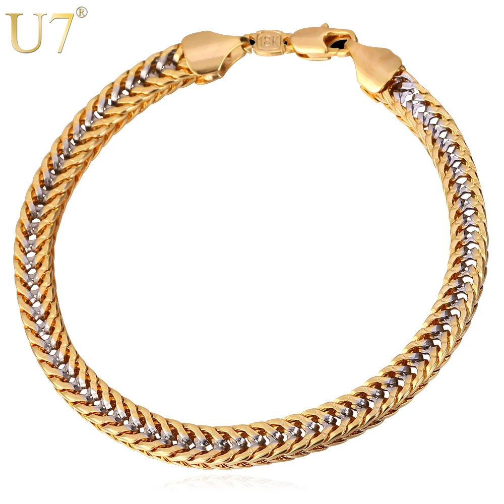 

U7 Mens Bracelets Gold Color Two Tone Gold Trendy 5 MM 21 CM Franco Chain Bracelet Men Jewelry H718