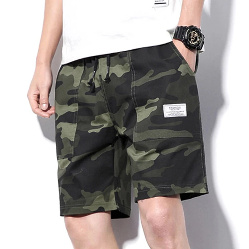 

Summer Camo Shorts Men Cotton Casual Shorts Elastic Waist Knee Length Streetwear Straight Camouflage Mens Shorts