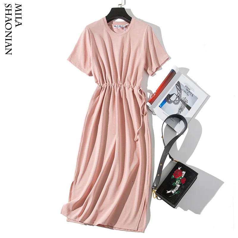 

Pink Solid Sashes Draped Dress Woman Casual Loose Korean O-Neck Tshirt Dress Ladies Plus Size Vintage Dresses Female Summer 2019