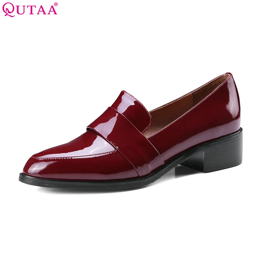 

QUTAA 2018 Women Pumps Patent Leather Fashion Women Shoes Platform Square Heel Slip on Pointed Toe Women Pumps Szie 34-39