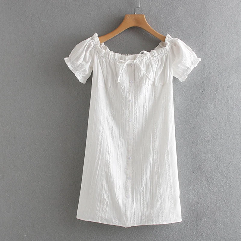 Women's Clothing Dress 2019 Lace-up Short-Sleeved Slash Neck Dress Ms Summer Street Sexy Slim Fit Temperament Clothing