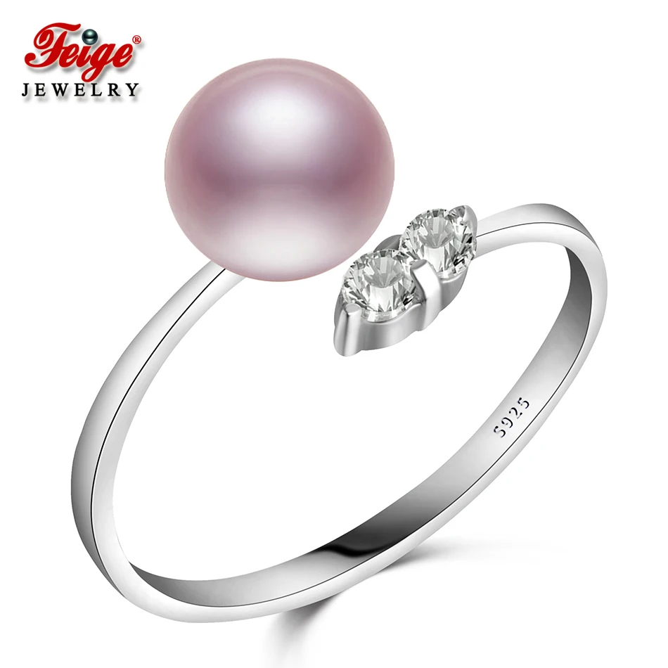 

FEIGE Real 925 Sterling Silver Ring 7-8mm Purple Natural Freshwater Pearl Ring for Women Fine Jewelry High Quality Pearl Jewelry