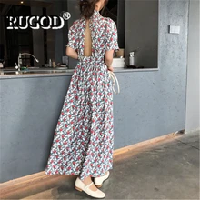 RUGOD женское длинное платье с цветочным принтом и открытой спиной, шикарное свободное элегантное платье макси с галстуком в стиле ампир, новое летнее модное женское платье в Корейском стиле