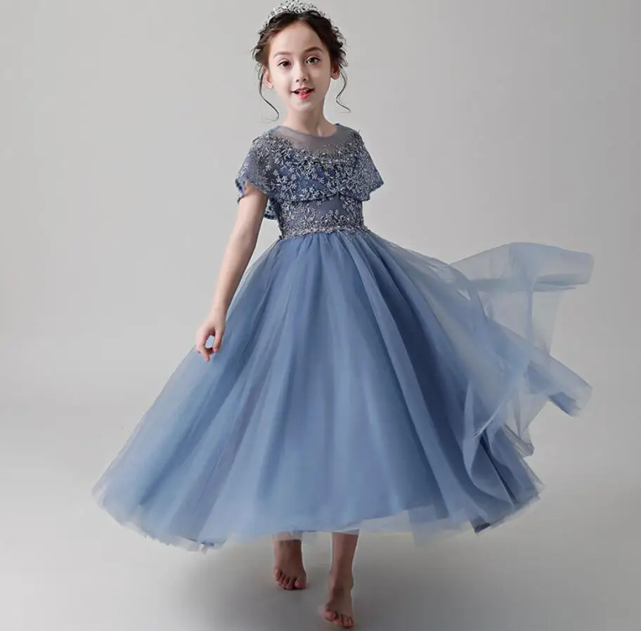 

summer baby girls Princess Party Wedding dress children floral sleeveless blue dresses toddler infant clothes HW2372