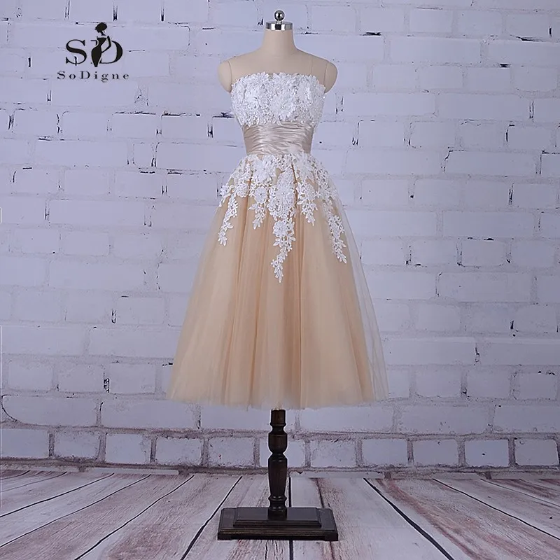 

SoDigne Tea Length Dresses Champagne High Quality Sale Wedding Dress Cheap Elegant Wedding Gowns With Delicate Appliques Pearls